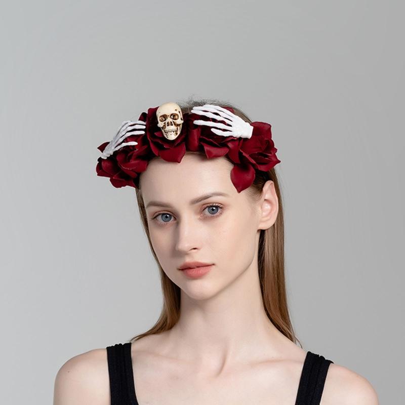 Skull Headband Halloween Tiaras And Crowns Halo Flower Headband Day of The Dead Headband Rose Flower Crown Hairband