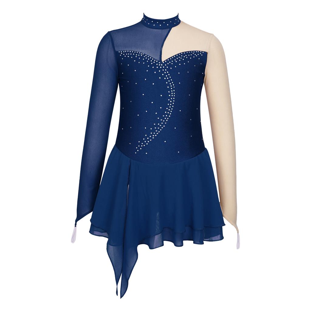 Girls Performance Dress Long Sleeve Round Neck Patchwork Design Hollow Back Rhinestone Skating Wear