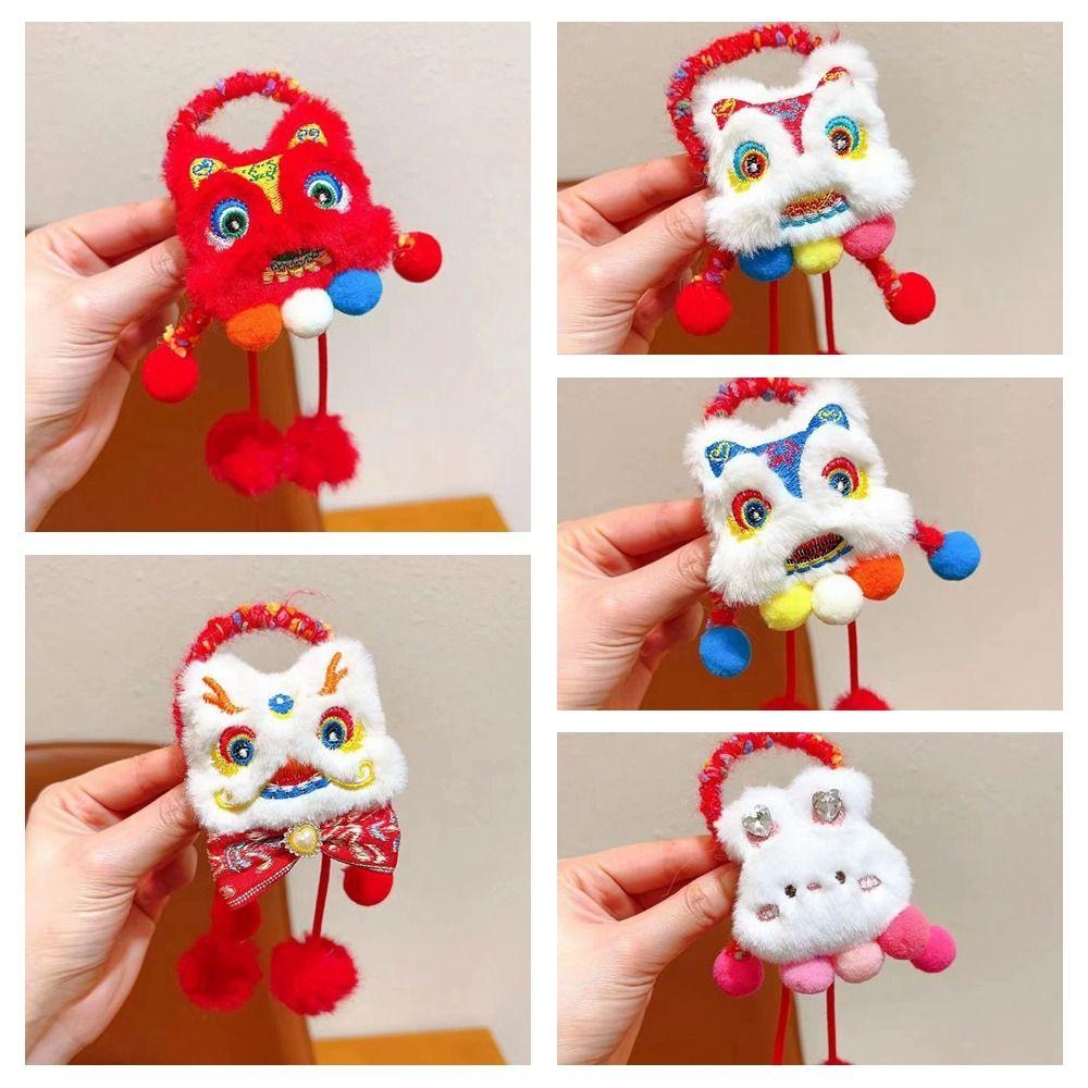 Ponytail Holder New Year Hair Rope Tassel Plush Elastic Hair Band Lion Awakening Headwear Female