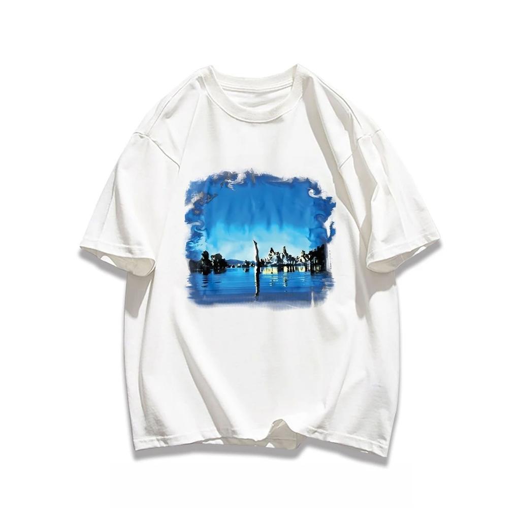 2025 Heavy Pure Cotton American Casual Landscape Printing T-shirt Couple Versatile Loose Trendy Brand Autumn and Winter T-shirt