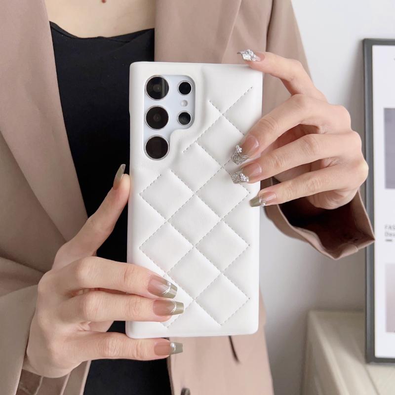 Luxury Solid Color Leather Rhombus Up and Down No Bordered Phone Case For Samsung S25 Ultra S23 S24 Ultra Plus Bumper Back Cover