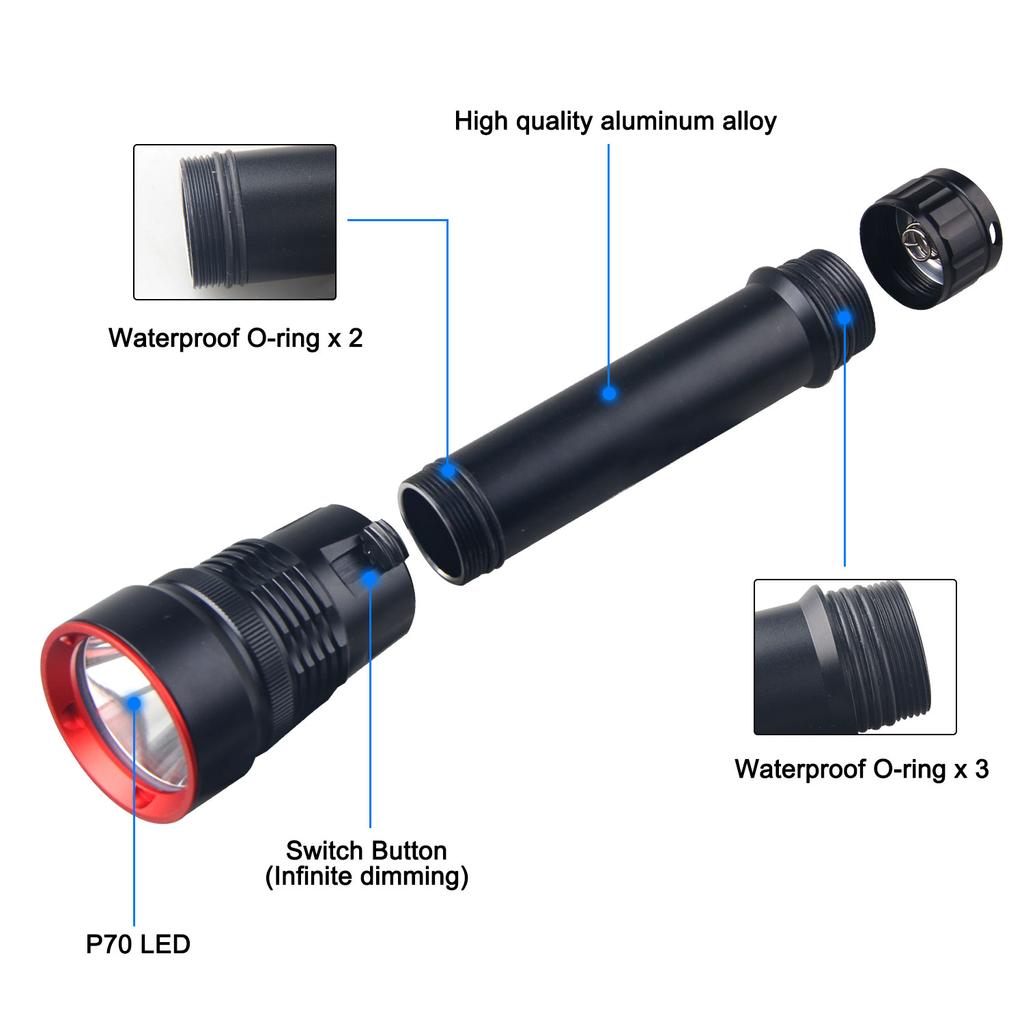 Powerful P70 Diving Flashlight IPX8 Underwater Lamp Professional Scuba Diving Torch 100M High Power LED Flashlights Fishing Lamp