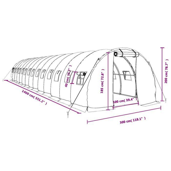 VidaXL Greenhouse with White Steel Frame 42 M² 14x3x2 M, Polytunnel, Cold Frame, Tomato Greenhouse, Garden Greenhouse, 3188055