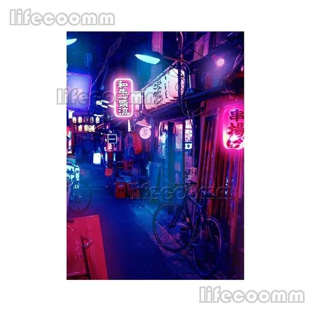 Аниме Город Неоновая Ночь 80-х годов Vaporwave Япония Город Уличный Плакат Настенное Искусство Холст Картины Настенные Панно Для Гостиной Домашний Декор Без Рамки