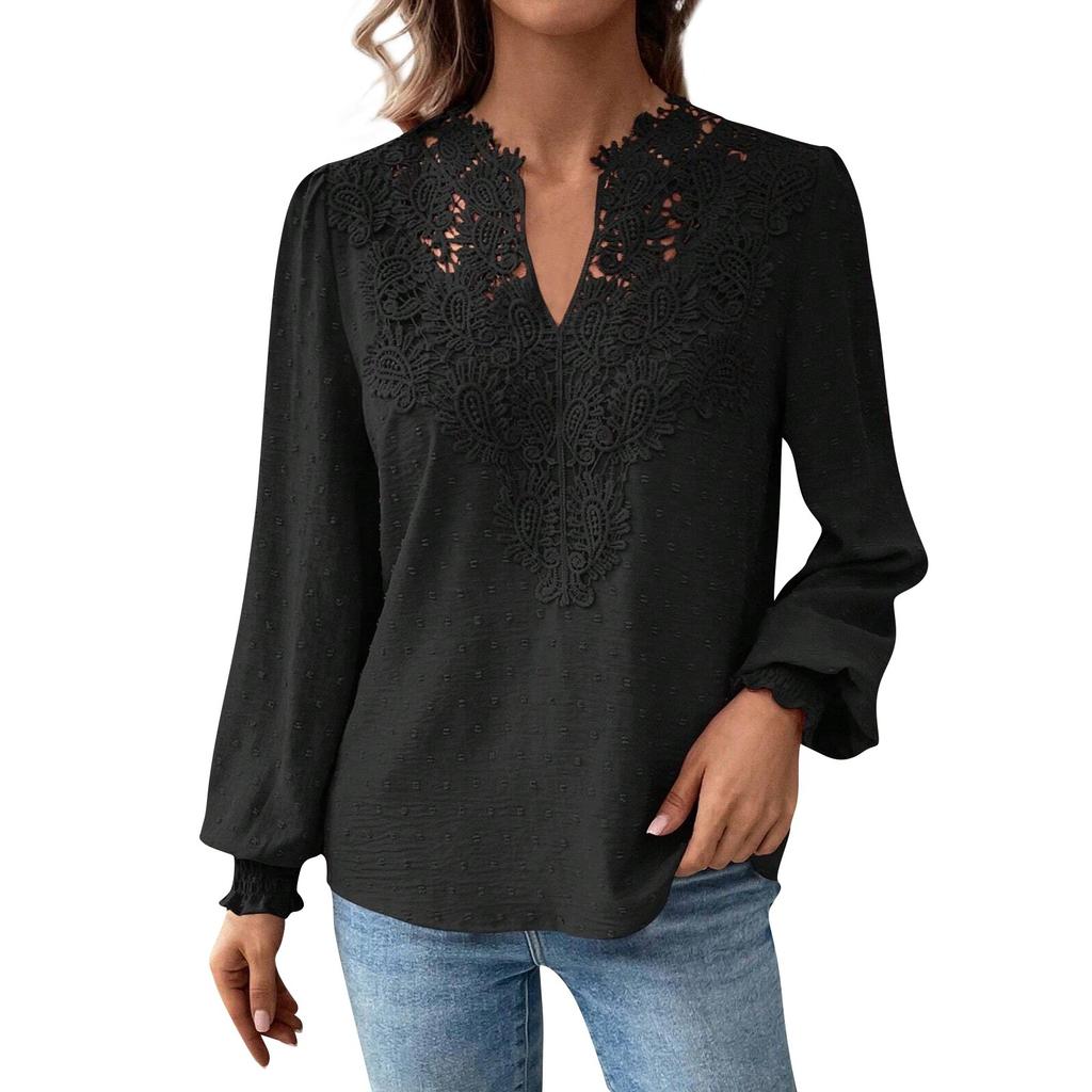 Женская модная однотонная кружевная футболка с v-образным вырезом и длинными рукавами
