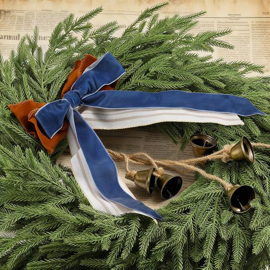 Yousheng 22 Inch Real Touch Christmas Wreath for Front Door Artificial Greenery Pine Cedar Wreath with Bells And Ribbon Bow for Home Porch Wall Window