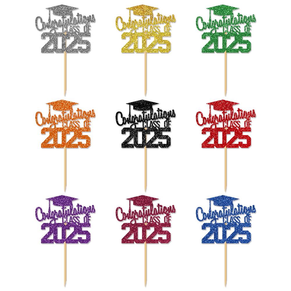 1pcs Congratulations Class of 2025 Graduation Cake Topper Glitter Congrats Grad Cap Cake Picks for Graduation Theme Party Decor