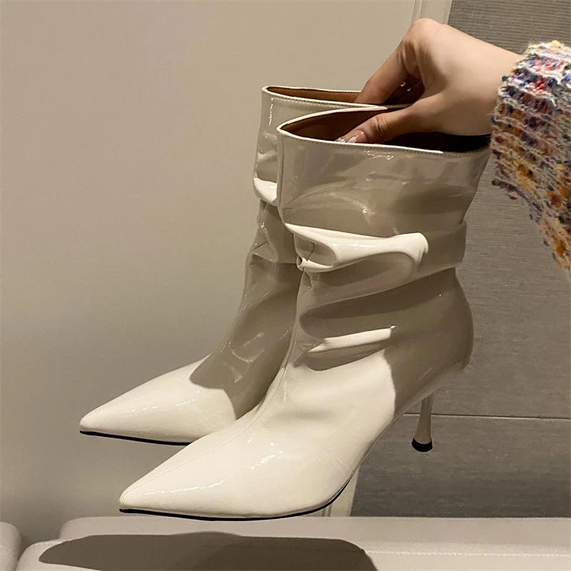 Eilyken Fashion Design Pleated Patent Leather Women Ankle Boots Zipper Shoes Sexy Thin Heels Modern Short Botas Mujer
