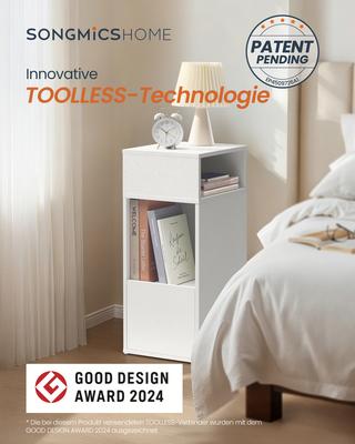 HOME Slim Bedside Table, Superfast Toolless Assembly, Narrow Storage Side Table with 2 Open Compartments & 1 Drawer
