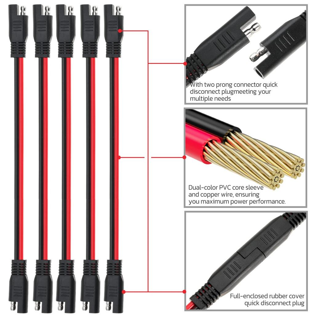12 AWG SAE To SAE Extension Cable 12 Gauge 2-Pin SAE Connector Extension Cord With Dual Head Plug For Solar Panel Automotive Car Motorcycle 12In
