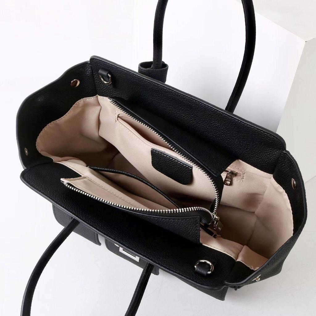 Women's Biker Genuine Leather Multi-Pocket Tote with Dark Square Buckle