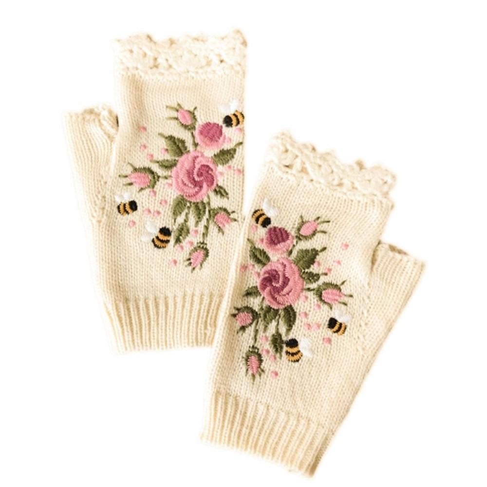 Вязаные митенки с отверстиями для большого пальца, с цветочной вышивкой пчелы, цветочные варежки, зимние