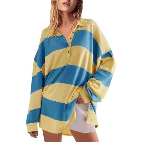 Yousheng Женская толстовка с цветными блоками, полосатым отложным воротником, длинными рукавами, пуговицами, свободным пуловером, повседневная домашняя одежда, спортивная одежда