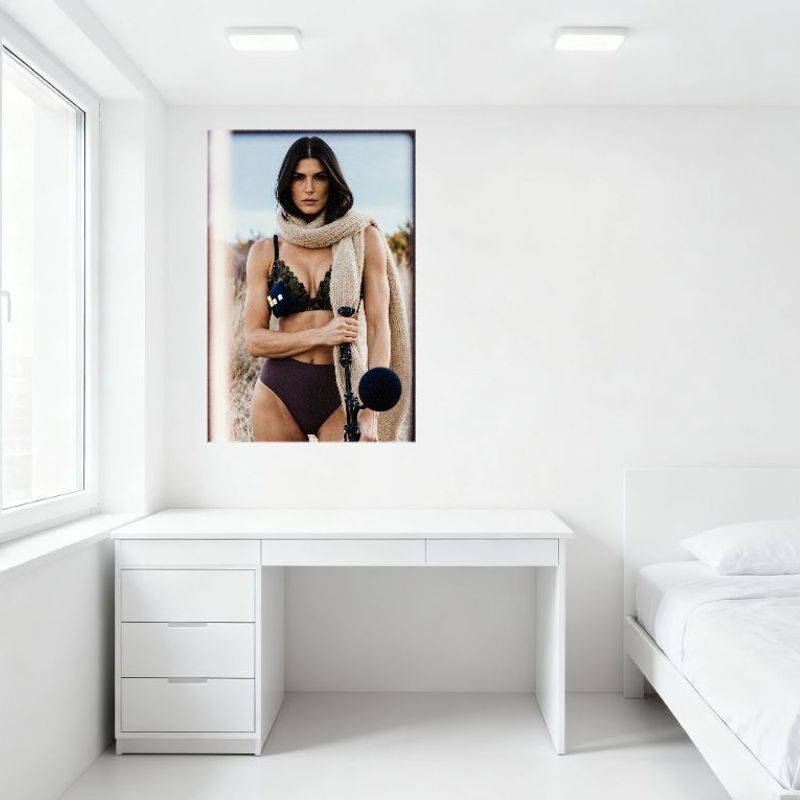 Sexy Woman Outdoor Fashion Editorial Shoot Tin Sign - Camouflage Bralette Dark Brown Underwear Light Beige Scarf Camera Metal Po