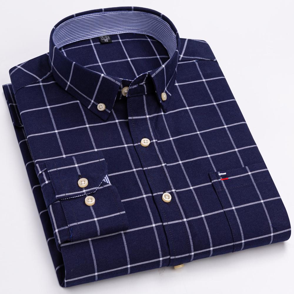 Men's Plaid Checkered Long Sleeve Oxford Woven Shirt Single Patch Pocket 100% Cotton Standard-fit Versatile Casual Shirts