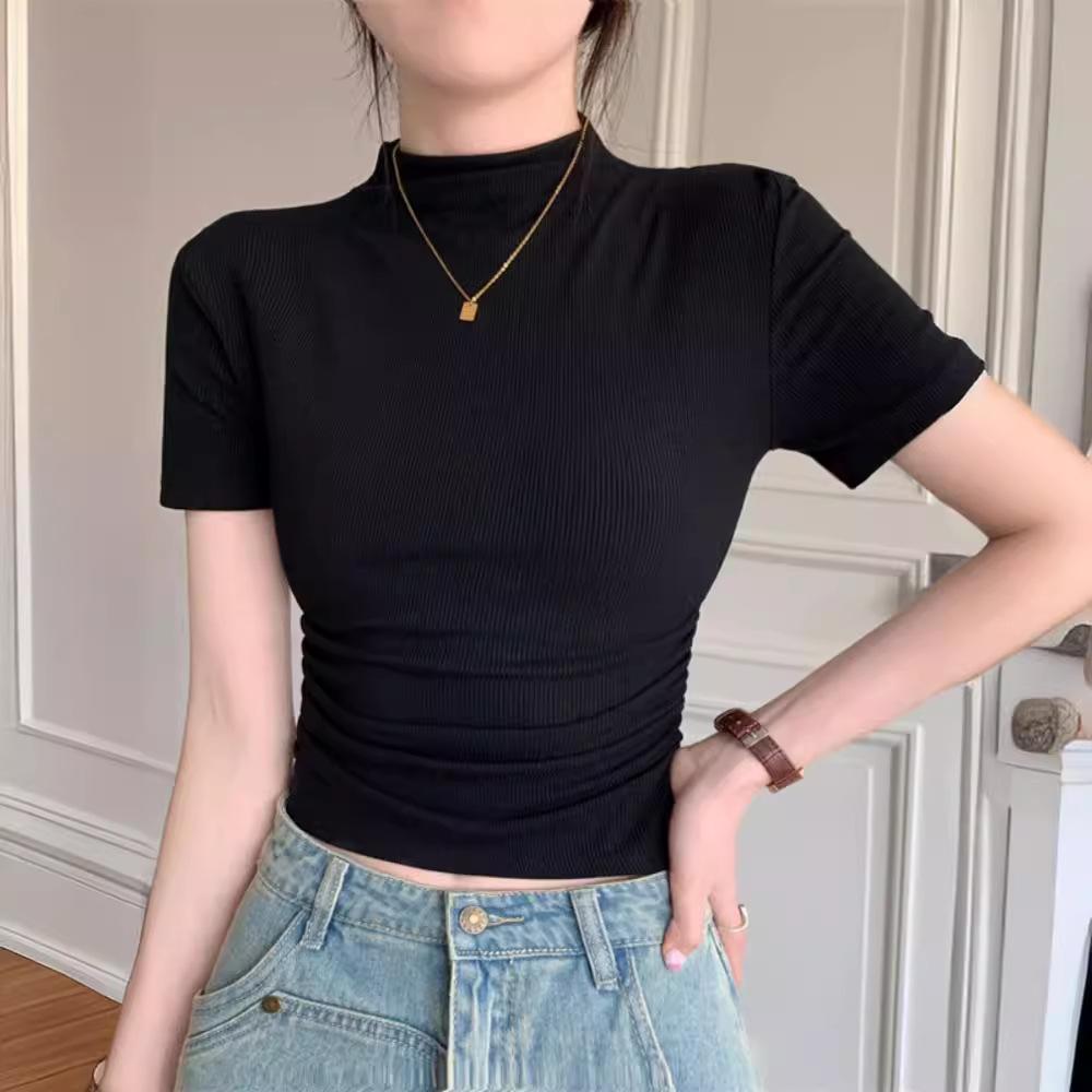 Футболка с коротким рукавом и полуворотником, женская летняя новая рубашка с коротким облегающим топом для студента