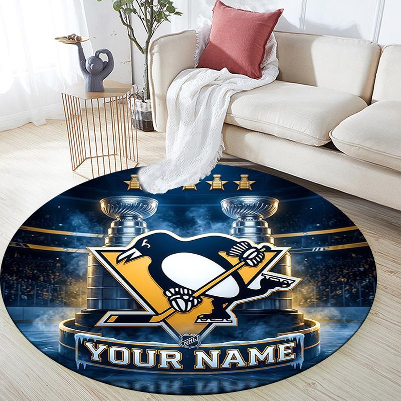 Custom Name Pittsburgh Penguins2 Round Area Rug,Carpet Rug for Living Room Bedroom Sofa Playroom Decor,Non-slip Floor Mat