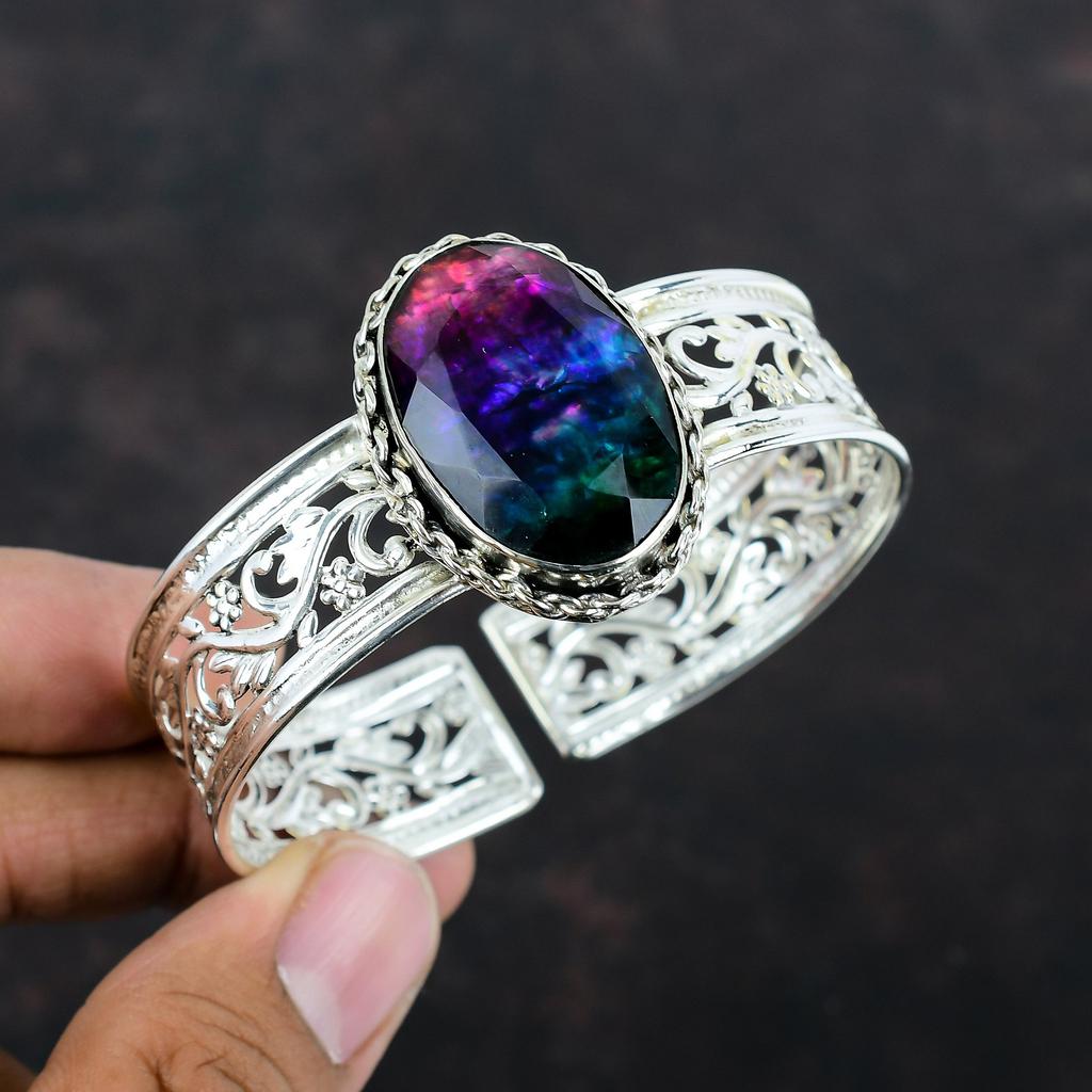 Faceted Ammolite Cuff Bracelet 925 Sterling Silver Bangle Adjustable Cuff Bracelet Gemstone Bangle Handmade Silver Jewelry Gifts For Friend