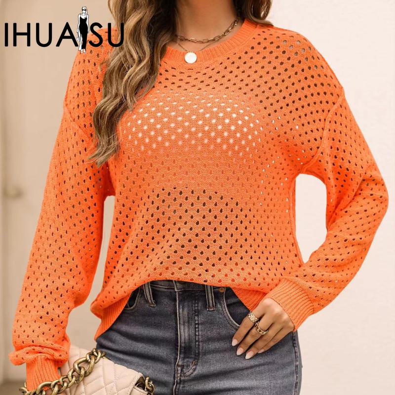 IHUASU Autumn and Winter Solid Colour Women's Knitwear Hollow Out Pullover O-Neck Sweater