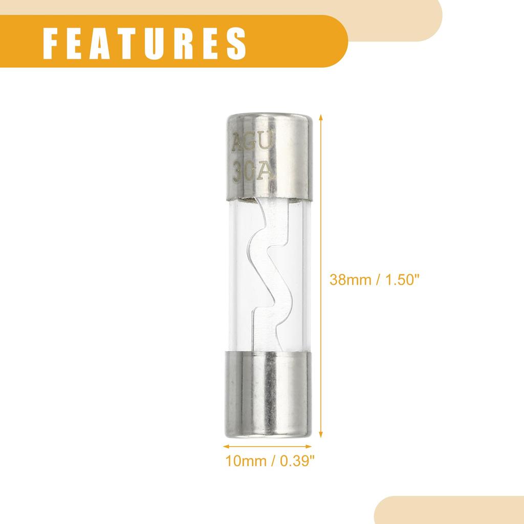 Partuto Set of 5 10x38mm 0.39x1.50" 30A Universal AGU Glass Fuse - Car Fuse