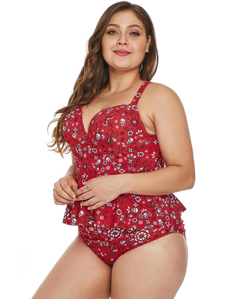Azura Exchange Red Print Moulded Cups Peplum Plus Size Bikini