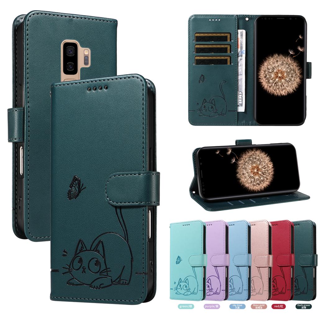 Magnetic Leather Wallet Flip Case for Samsung Galaxy S10 S10E S9 S8 S7 Edge Plus Note 8 9 10 | Cat & Butterfly Embossed Design