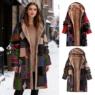 Флисовые куртки для женщин на молнии с цветочным принтом, на подкладке из шерпы, с капюшоном, винтажный этнический стиль, лоскутное пальто