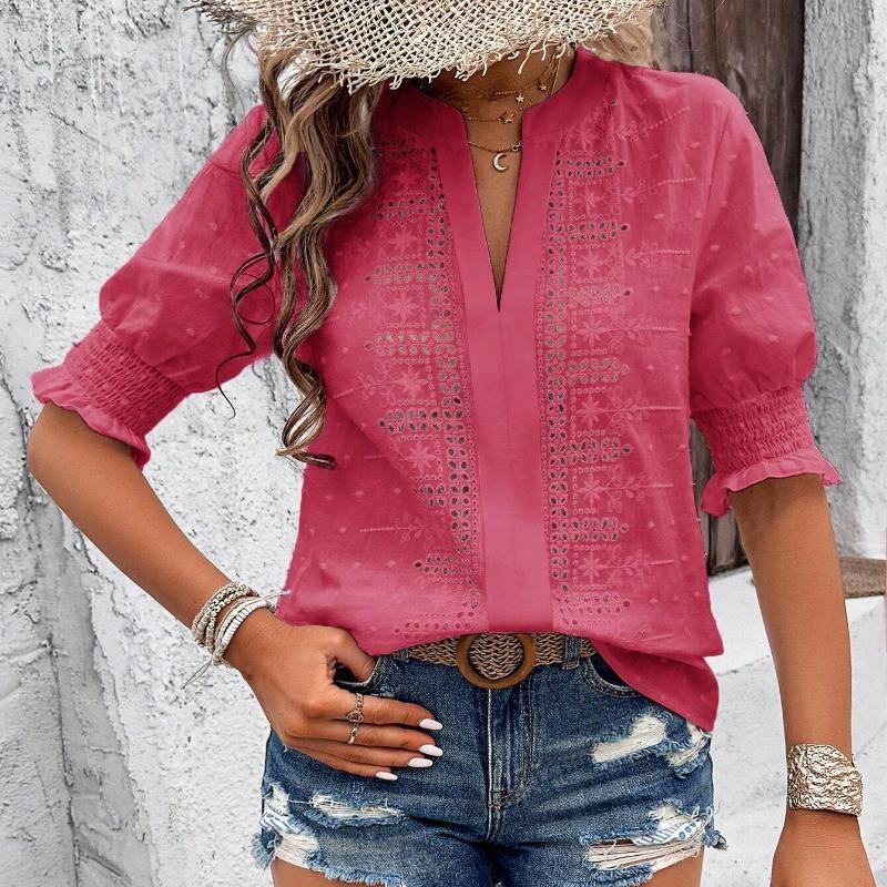 Summer Tops V-neck Puff Sleeve Hollow Lace White Shirts Women Fashion Vintage Slim Fit Elegant Women Casual Blouses Solid Simple Female Shirt 26647