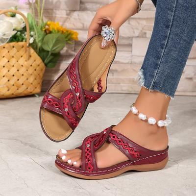 Модные женские сандалии-слайды на среднем каблуке, с вырезами, на танкетке, мягкие, легкие, повседневные, с открытым носком, застежкой-слайдером и случайным принтом