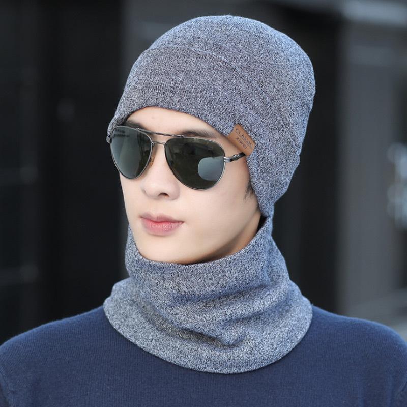 Men's Fleece Knitted Scarf Hat 2-piece Set Trendy Women's Warm Wool Hat Winter Student Cycling Cold
