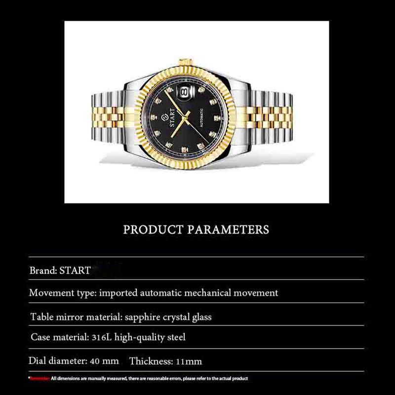 Start Мужские часы с бриллиантовым циферблатом, автоматические механические часы, водонепроницаемые часы с функцией календаря, золотые часы