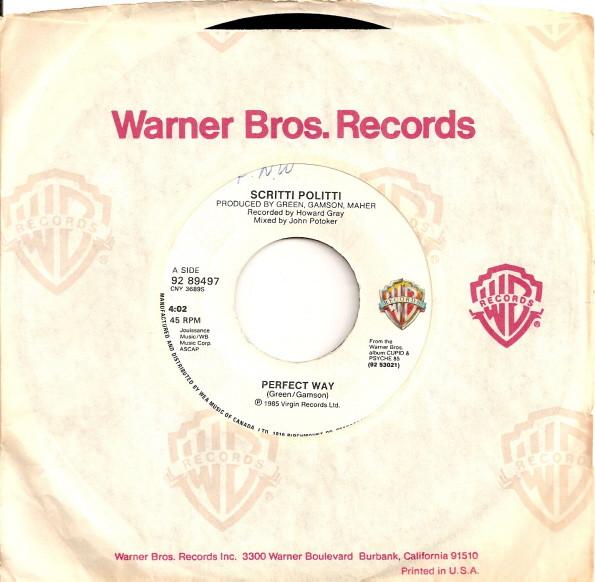7-дюймовая пластинка SCRITTI POLITTI - Perfect Way 9289497 Warner Bros. Ре 1985 Канада Танцевальная и Электронная Б/У