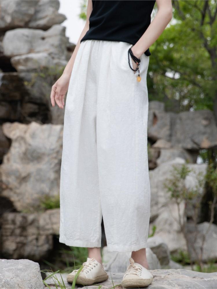 Johnature Женские винтажные льняные брюки с эластичными карманами на талии, весенние однотонные свободные брюки, женские повседневные брюки