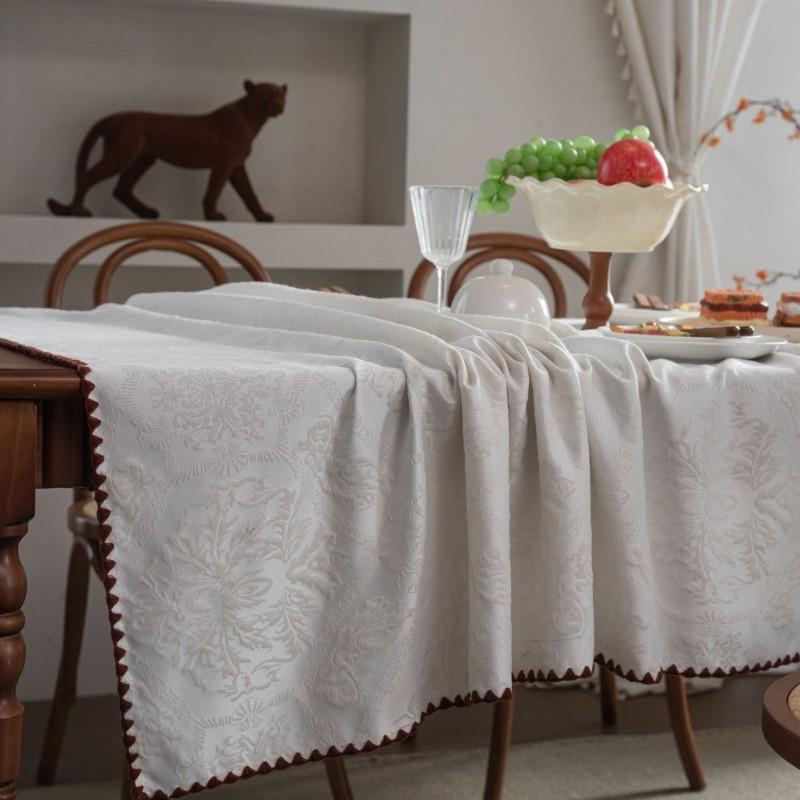Elegant White Jacquard Tablecloth Dining Table Decor French Style Water Resistant Linen Cotton Blend
