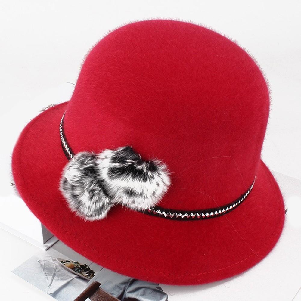 With Flower Women Dome Hat Casual Wool Hats Fashion Ladies Bucket Cap Autumn Winter