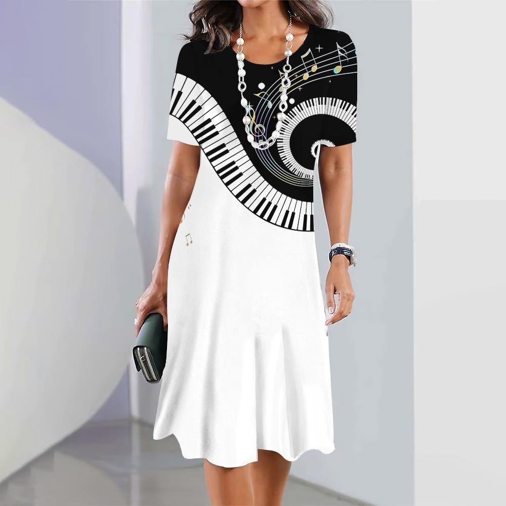 Черно-белый принт с музыкальными нотами, летнее новое женское платье, элегантное платье, женское модное платье миди, большие размеры для женщин