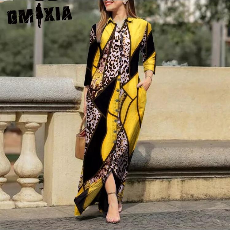 GMXIA Женская мода лето весна сплошной цвет печати с длинным рукавом ПОЛО шеи свободные повседневные платья на пуговицах