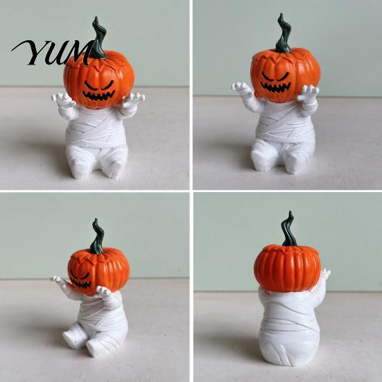 Cute Spooky Home Decor Pumpkin Head Mummy Statue, Funny Halloween Decorations, Sitting Ornaments Resin Figurine for Desktop Shelf Sitter Outdoor