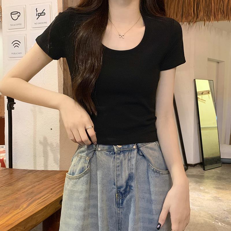 Однотонная футболка с круглым вырезом на правом плече для женщин, летняя, из чистого хлопка, эластичная, тонкая, короткая, горячая, для девушек, с короткими рукавами