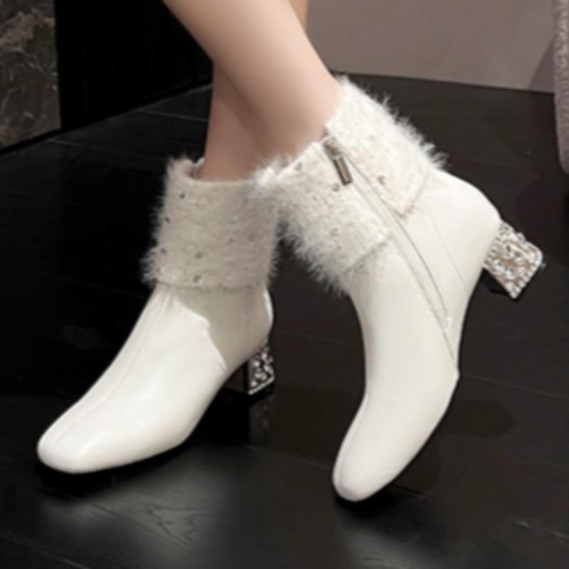 Женские зимние ботинки с мехом и кристаллами, роскошные, с квадратным носком, модные, вязаные, плюшевые, массивные, зимние, модные, элегантные, женские ботинки