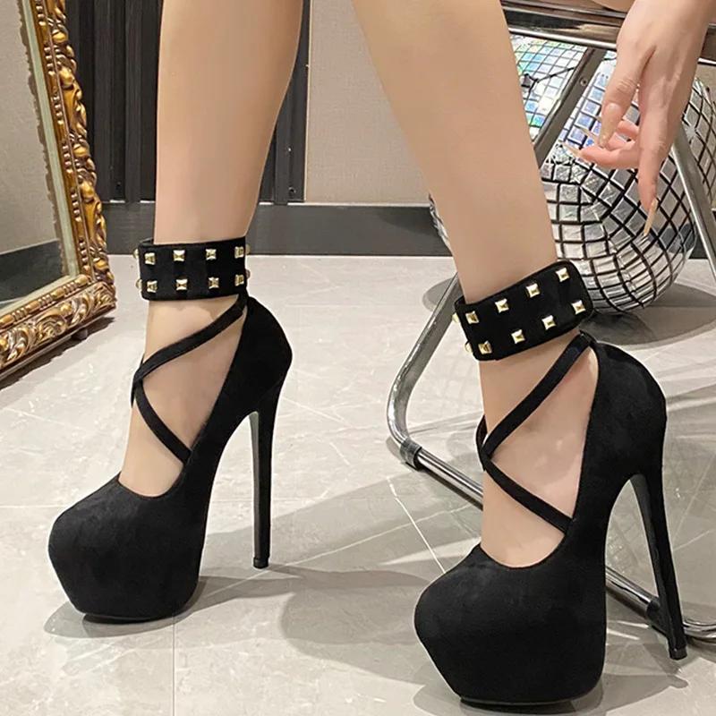 Новый дизайн заклепки платформы женские туфли-лодочки уличный стиль круглый носок шпилька высокие каблуки стриптизерша вечеринка женская обувь Zapatos De Mujer