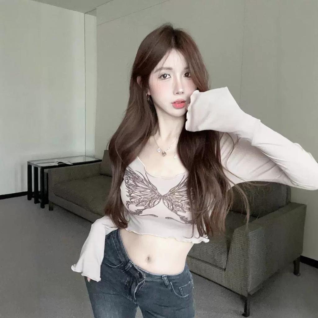 Design Sense Niche Butterfly Printing Low Neck Open Navel Long Sleeve T-Shirt Women's Pure Desire Sweet Spice Girl Skinny V-Neck Short Top