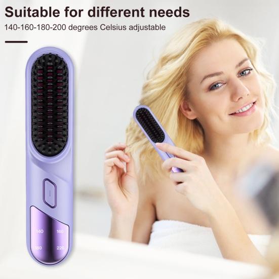 Hair Straightener Brush 4 Temperatures Fast Heating USB Rechargeable Cordless Negative Ions Hot Brush Electric Fluffy Curly Hair Styling Detangling