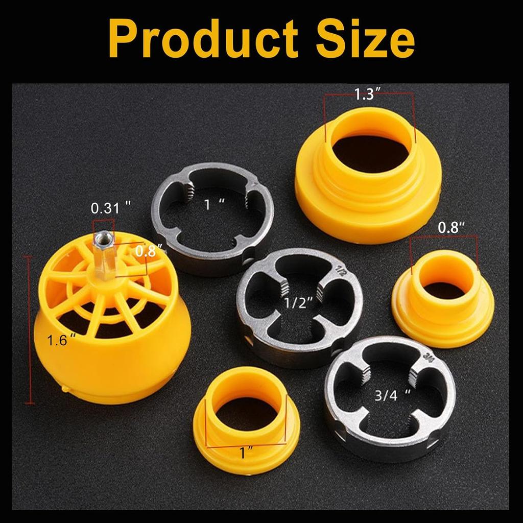 Набор резьбонарезных плашек для ПВХ труб 1/2", 3/4", 1" с внутренней и наружной резьбой, совместимый с электродрелью. Набор резьбонарезных плашек для труб различных размеров.