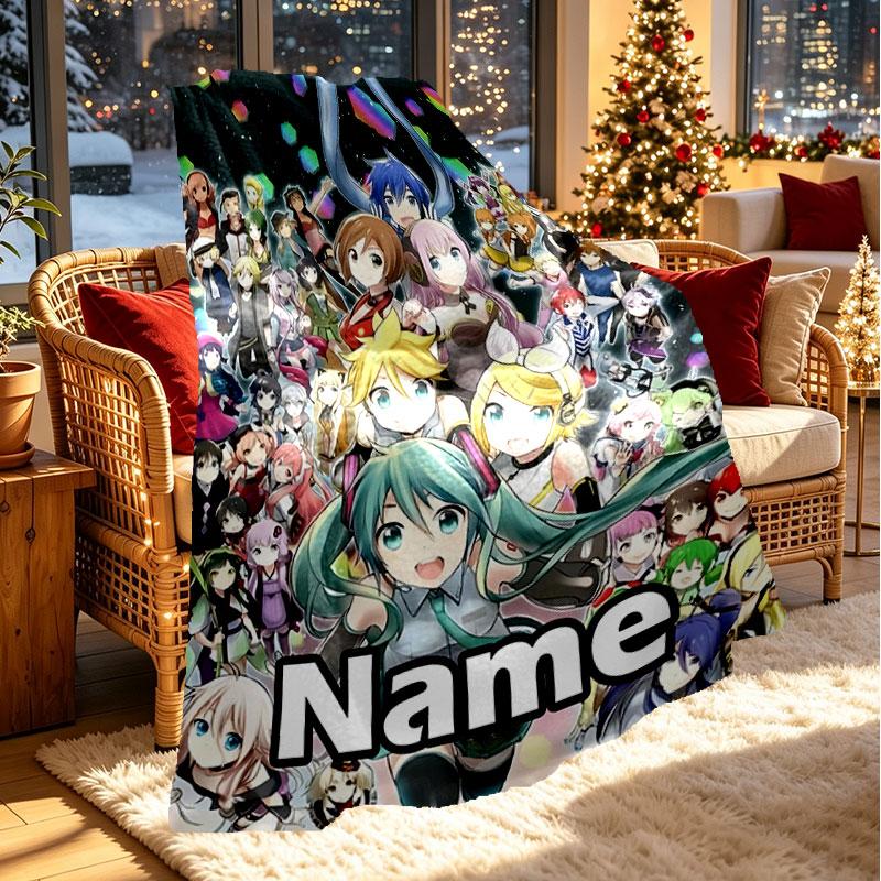 Custom Name Personalized Hatsune Miku Print Blanket, Home Decor, Bedroom, Sofa, Camping, Couch, Gifts for Birthday Christmas