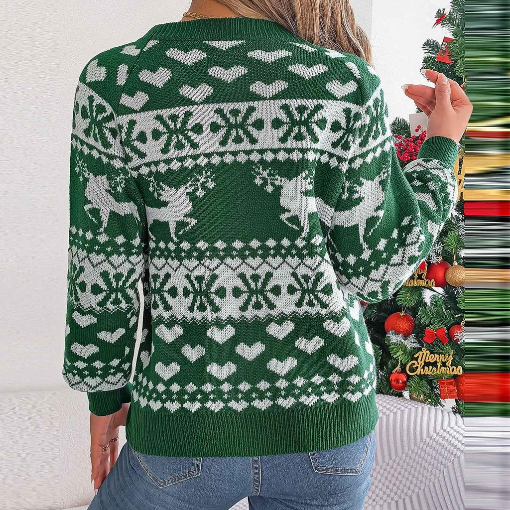 Women's Fashion Casual Loose Christmas Deer Pattern Contrast Color Sweater Long Sleeve Pullover Top