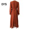 Women Spring Fall Dress Dot Applique Solid Color V Neck Belted Tight High Waist A Line Irregular Ruffle Hem Bohemian Flowy Wedding Party Maxi Dress