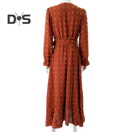 Women Spring Fall Dress Dot Applique Solid Color V Neck Belted Tight High Waist A Line Irregular Ruffle Hem Bohemian Flowy Wedding Party Maxi Dress