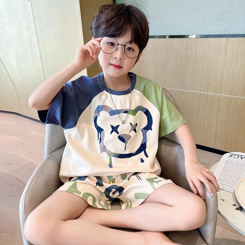 2026 Boys Cotton Pajama Set Short Sleeve Sleepwear Kids Teens Lightweight Home Wear