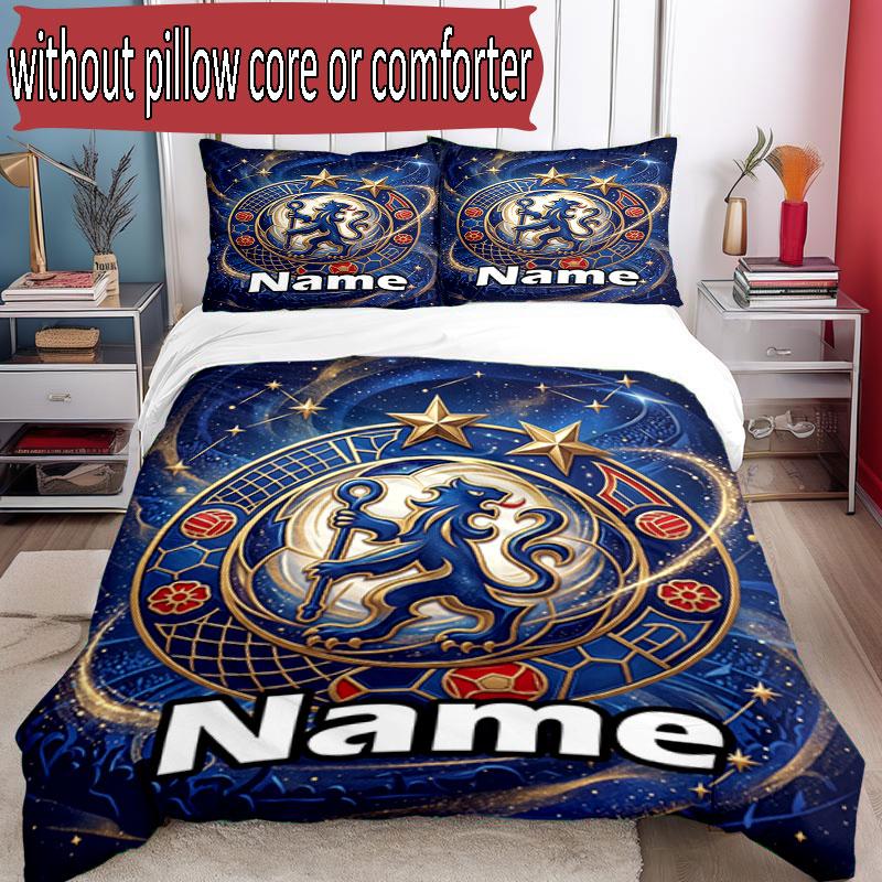 3pcs Duvet Cover Set (1*Duvet Cover + 2*Pillowcase, Without Core), Custom Name Chelsea Football Club Pattern Bedding Set, Home Bedroom Decor Gift
